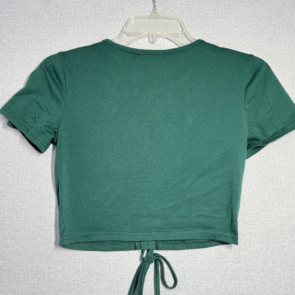 ROMWE Shirt Womens Small Green V Neck‎ Ruched Front Drawstring Cropped Top - Picture 3 of 3